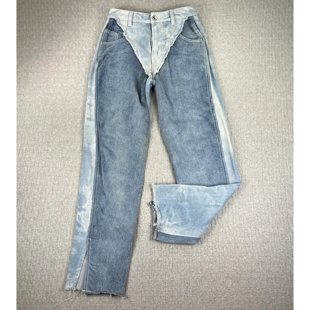 Maniere De Voir Patchwork Jeans Women 6/26x30 Blue‎ Wash High Rise Distressed